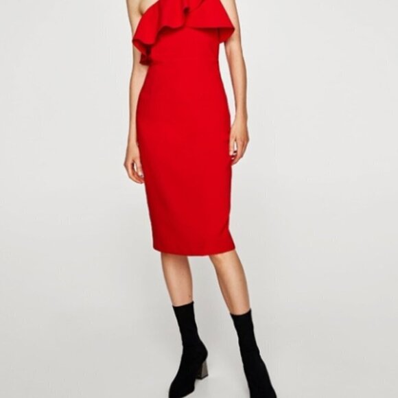 Zara Red Dress-One Shoulder Ruffle Pencil - Picture 1 of 6